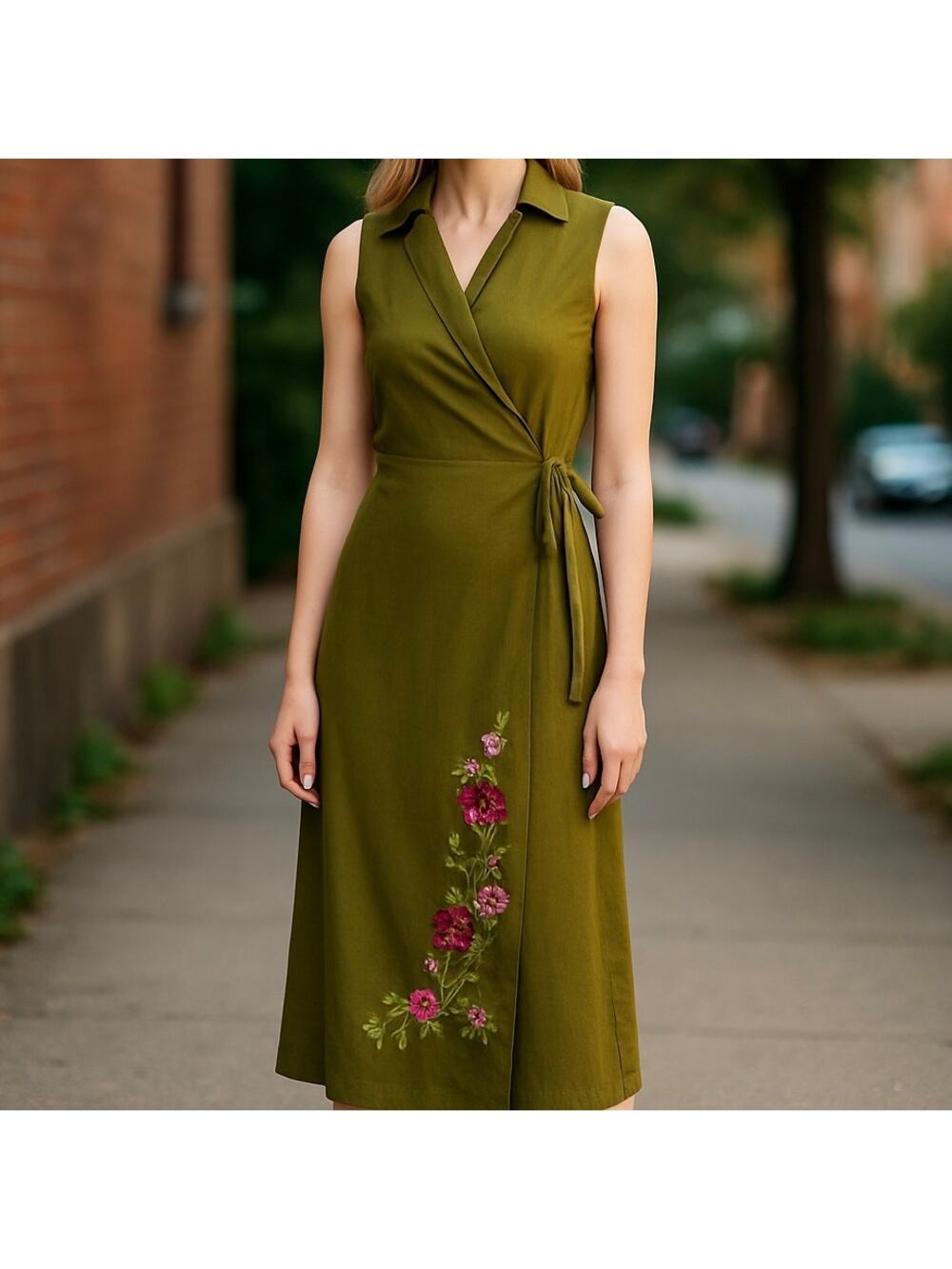 Jessica Howard Vintage Embroidered Linen Blend Wrap Dress Women's 6 Green